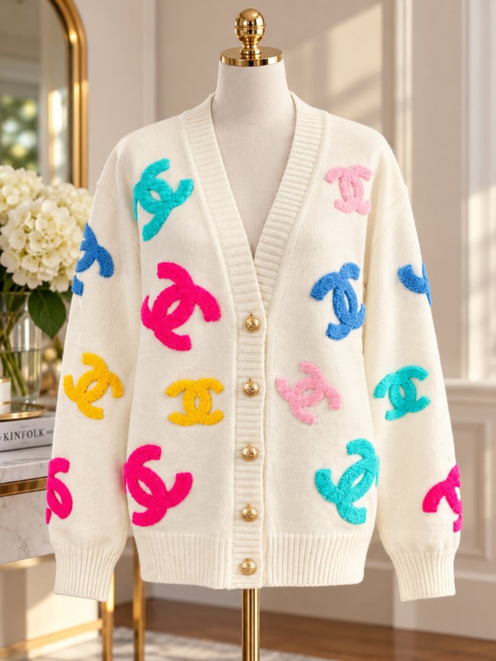 New White Multicolor Logo Knit Cardigan Sweater Size M Gold Tone Buttons